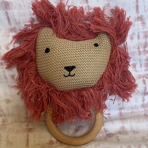 Loomsake crochet wooden baby rattle featuring 100% cotton